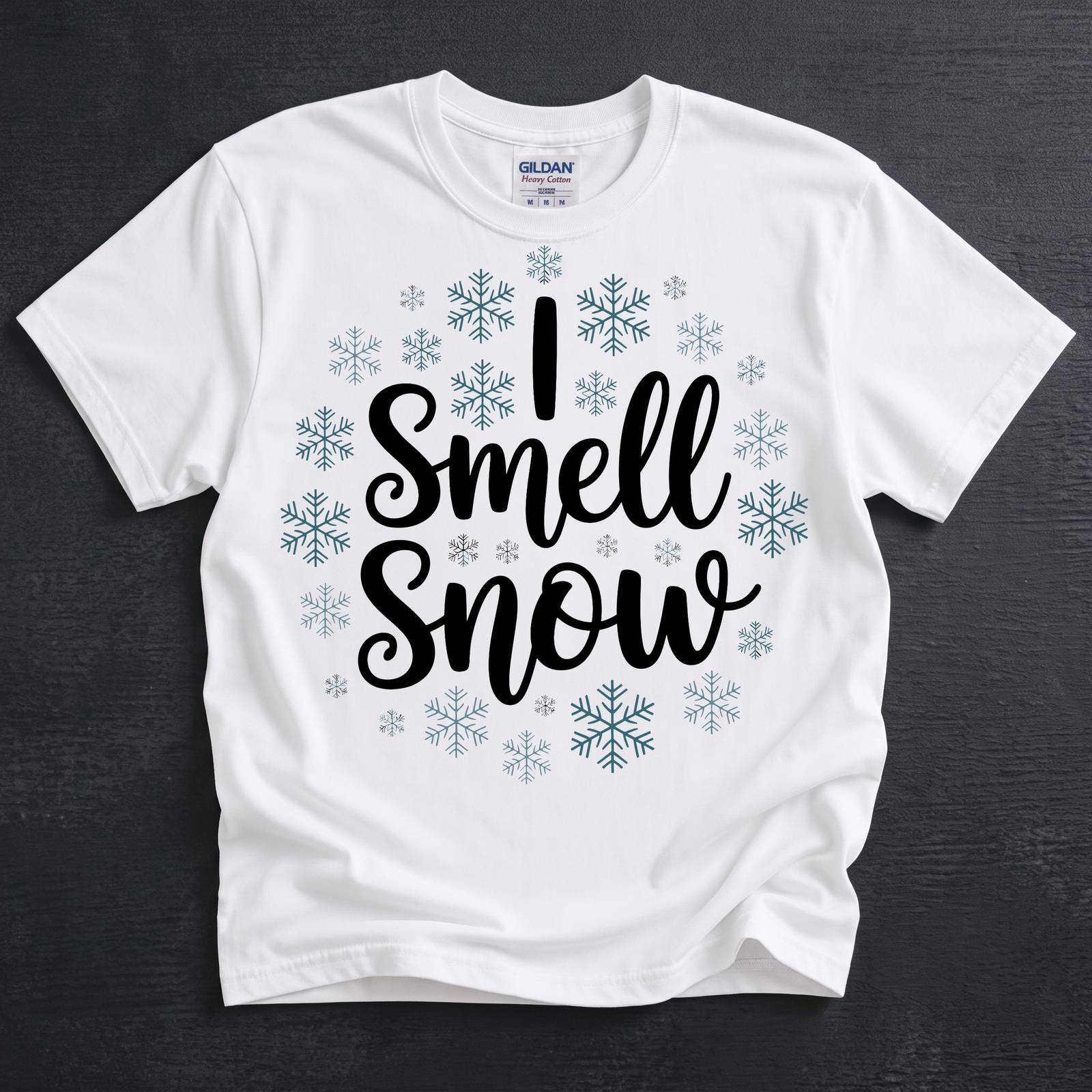 I Smell Snow script with snowflakes on a t-shirt