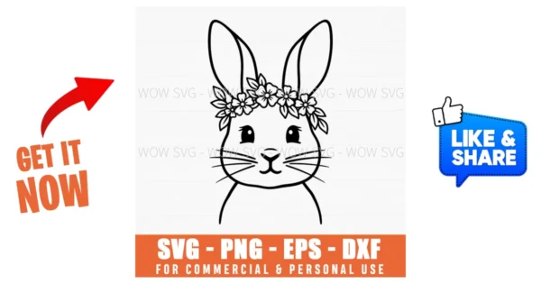 Bunny Outline Easter Flower Crown Spring Rabbit Line Art Svg - Wow SVG